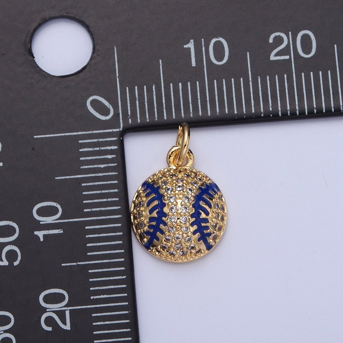 Micro Pave CZ Baseball Charm, Clear Cubic Zirconia with Blue Enamel Stripe Ball | X-065 X-066 - DLUXCA