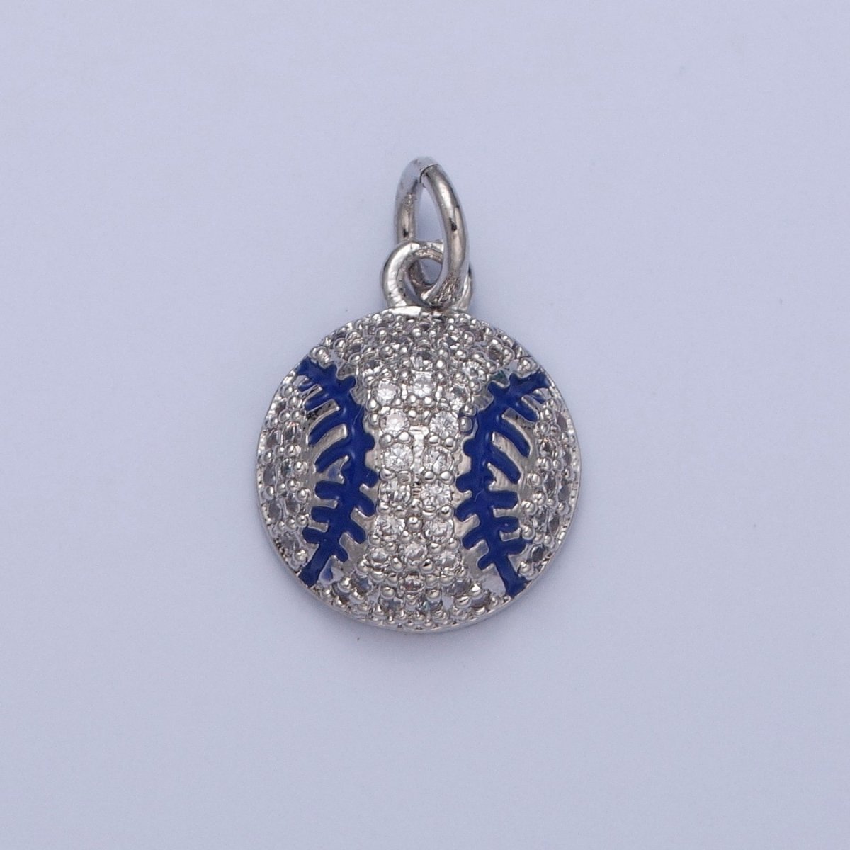 Micro Pave CZ Baseball Charm, Clear Cubic Zirconia with Blue Enamel Stripe Ball | X-065 X-066 - DLUXCA