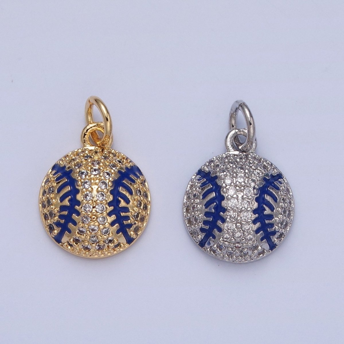 Micro Pave CZ Baseball Charm, Clear Cubic Zirconia with Blue Enamel Stripe Ball | X-065 X-066 - DLUXCA