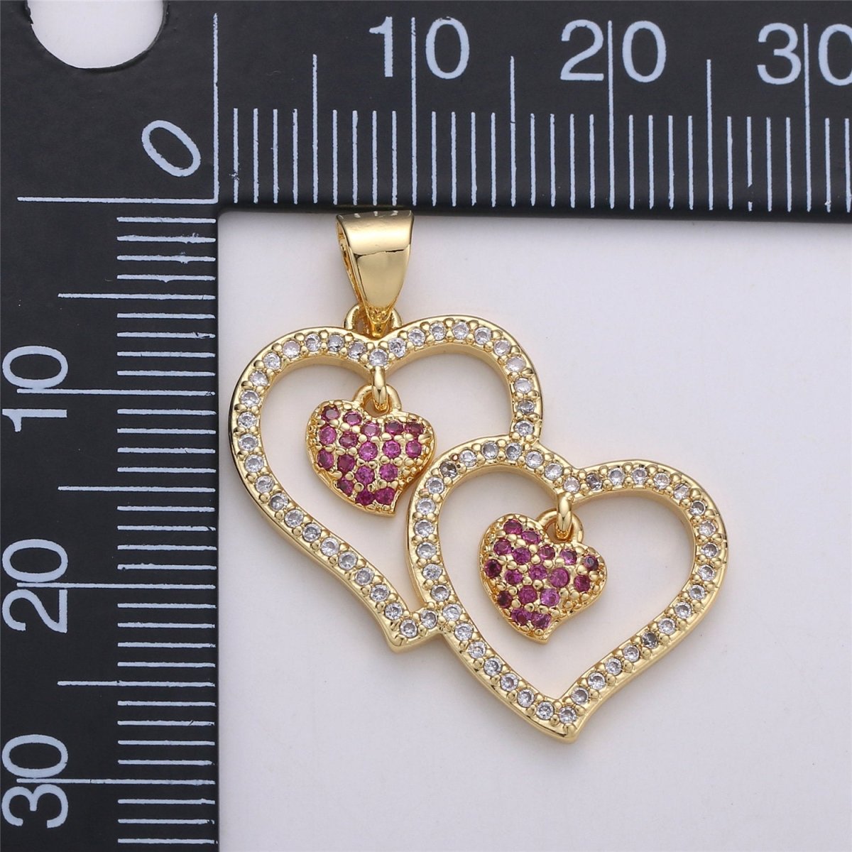 Micro Pave Double Heart Pendant Cubic Twin Heart Charm 14k Gold Filled linked Heart Charm Earrings Necklace Component I-588 - DLUXCA