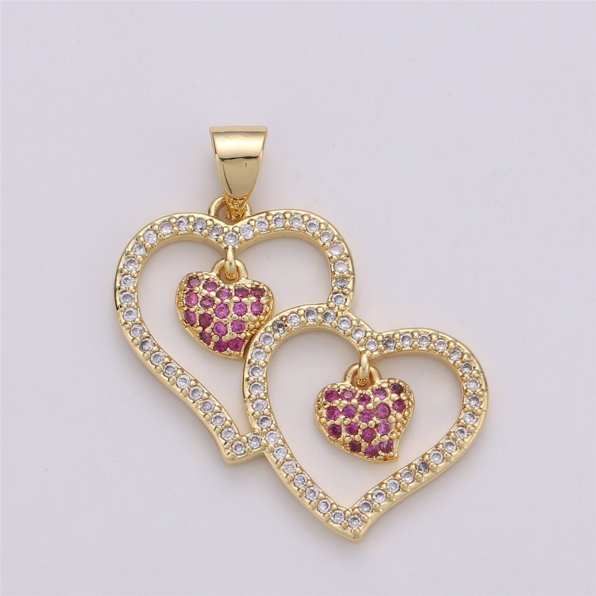 Micro Pave Double Heart Pendant Cubic Twin Heart Charm 14k Gold Filled linked Heart Charm Earrings Necklace Component I-588 - DLUXCA