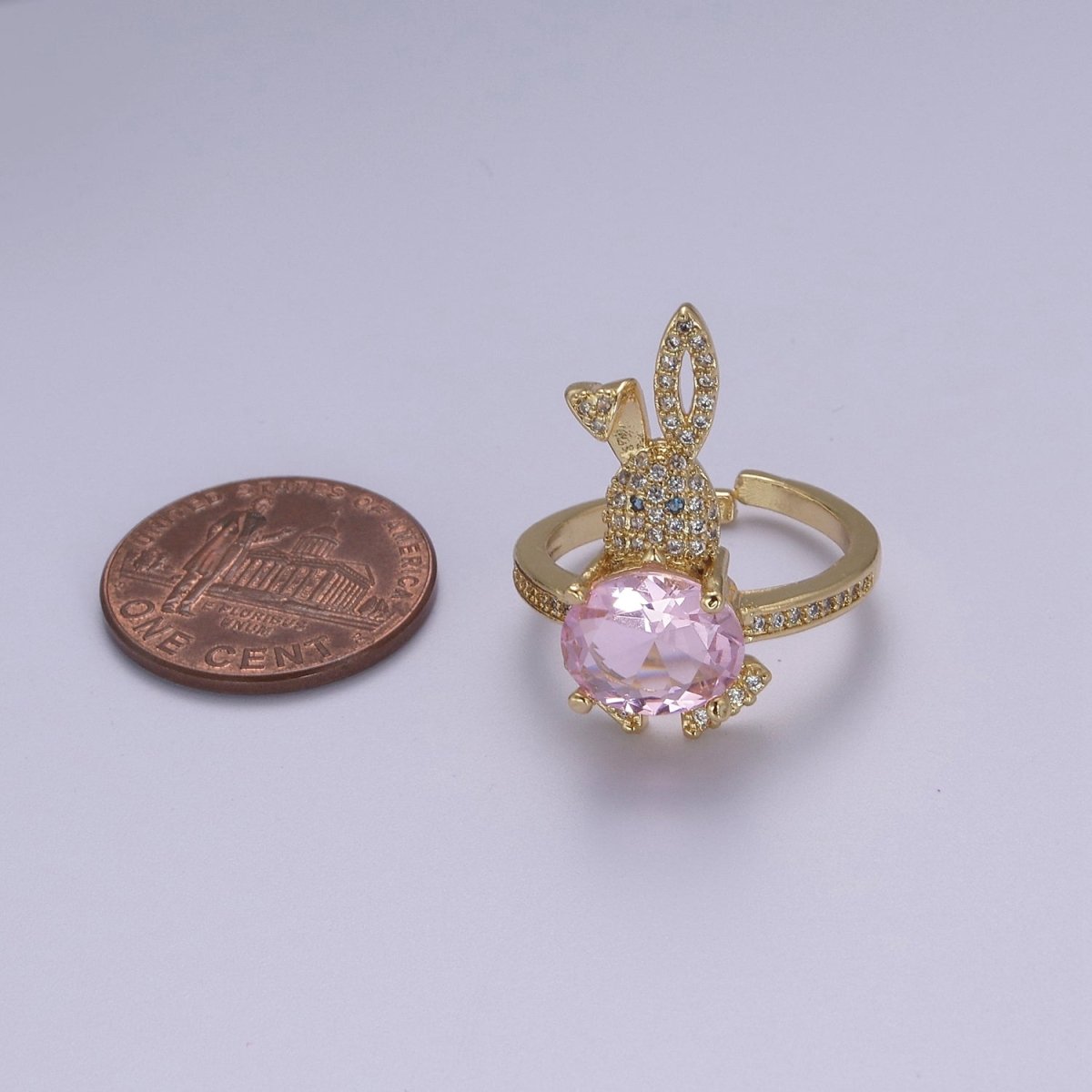 Micro Pave Easter Bunny Ring With Pink Cz Stone Rabbit Open Adjustable Ring S-373 - DLUXCA