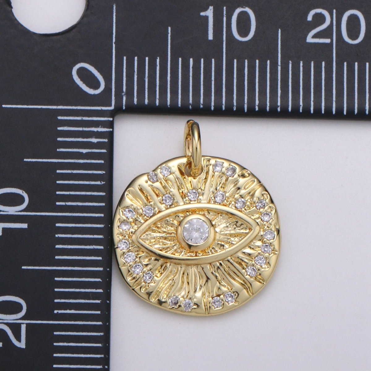 Micro Pave Evil eye Charm, Gold Medallion with Cubic Pendant, Dainty Evil Eye Charm, Bohemian Jewelry Amulet Protection Necklace Supply C-820 - DLUXCA