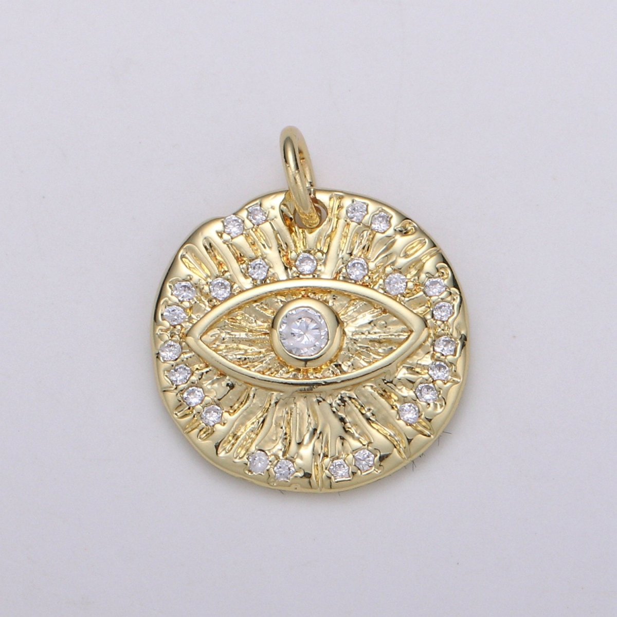 Micro Pave Evil eye Charm, Gold Medallion with Cubic Pendant, Dainty Evil Eye Charm, Bohemian Jewelry Amulet Protection Necklace Supply C-820 - DLUXCA