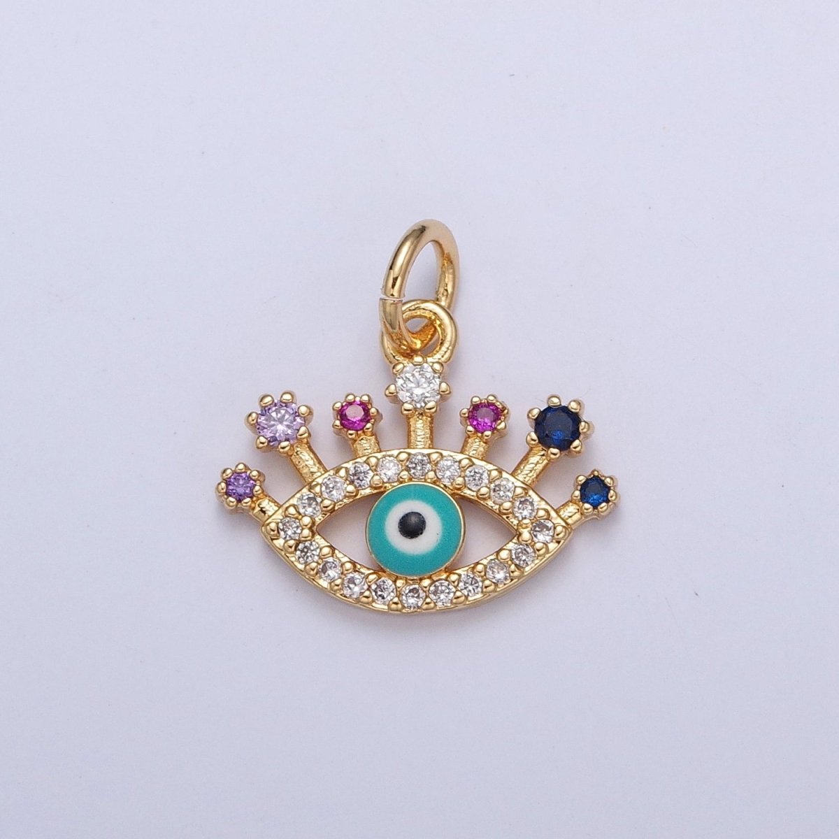 Micro Pave Evil Eye Protection Charm, Teal Enamel Evil Eye with Cubic Zirconia CZ For Jewelry Making, X-117 - DLUXCA