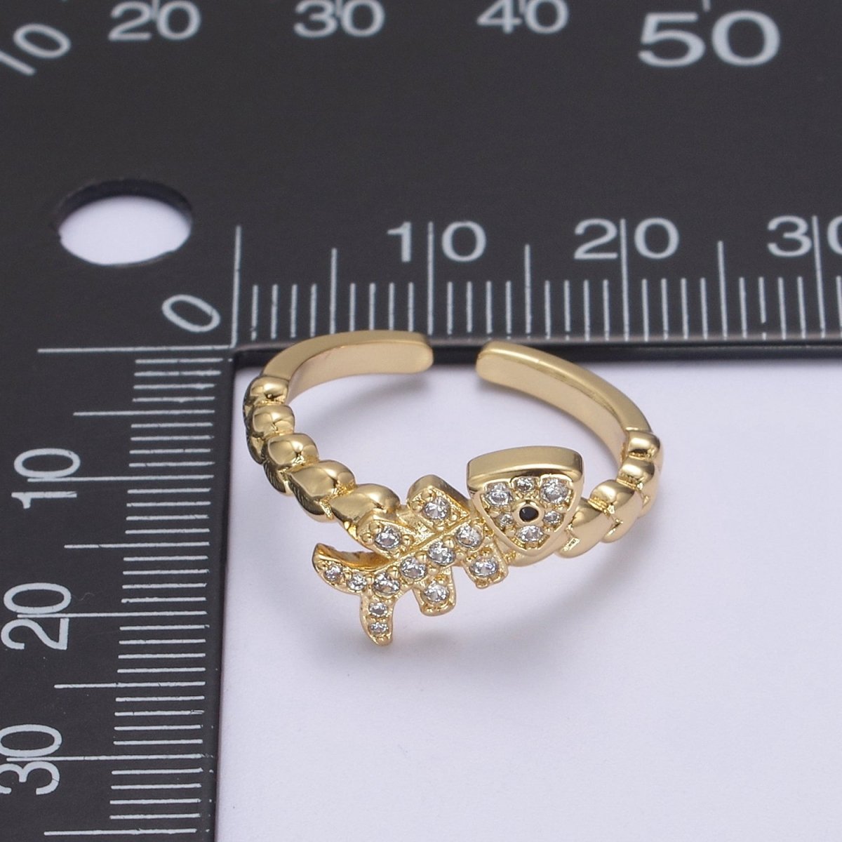 Micro Pave Fish Bone Ring, Heart Textured Gold Adjustable Band Ring, 24K Gold Filled Nature Ocean Wildlife Under The Sea Ring U-438 - DLUXCA