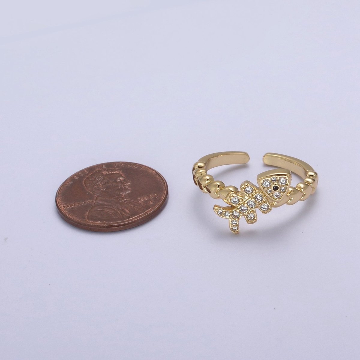 Micro Pave Fish Bone Ring, Heart Textured Gold Adjustable Band Ring, 24K Gold Filled Nature Ocean Wildlife Under The Sea Ring U-438 - DLUXCA