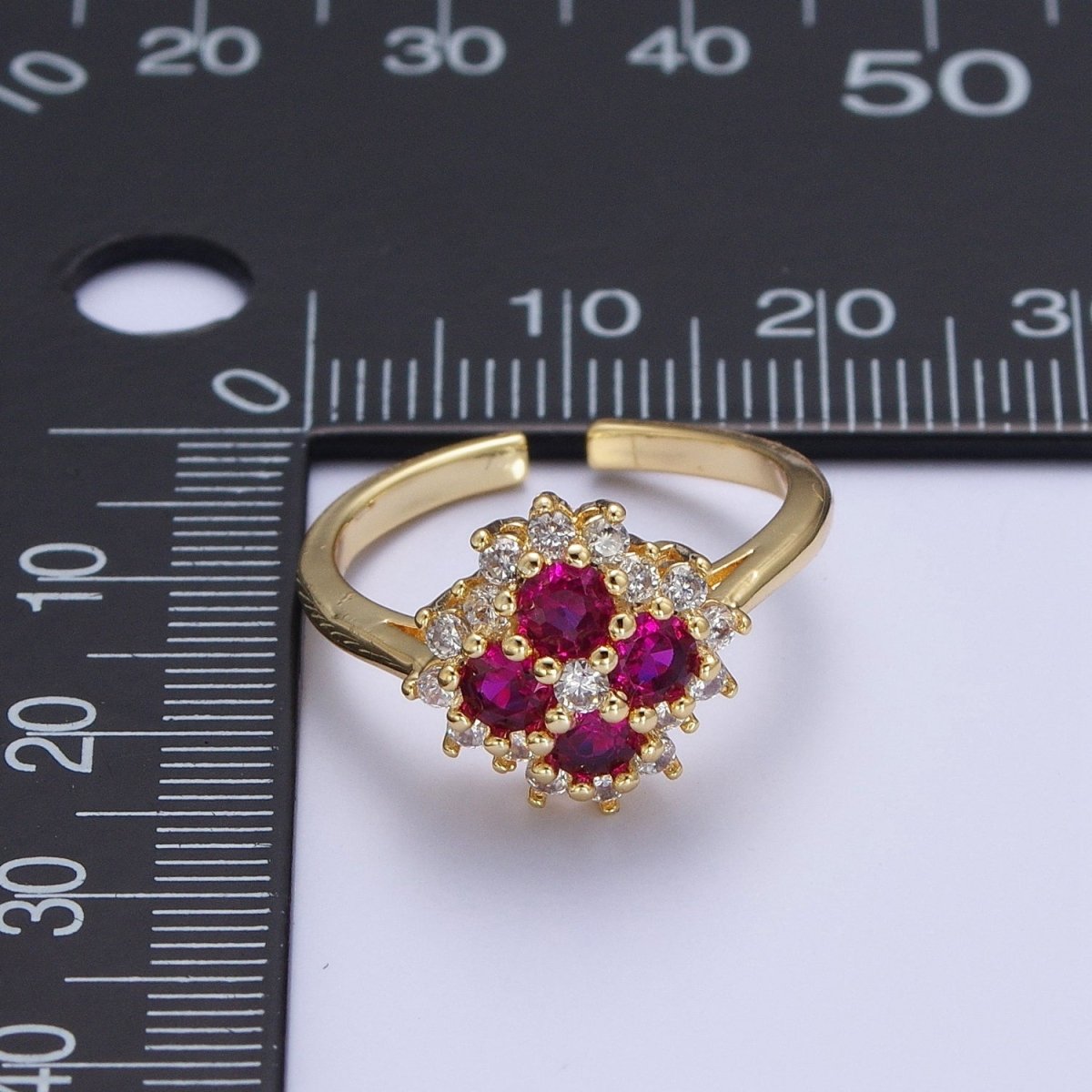 Micro Pave Four Fuchsia Cubic Zirconia Flower Adjustable Gold Ring S-221 - DLUXCA