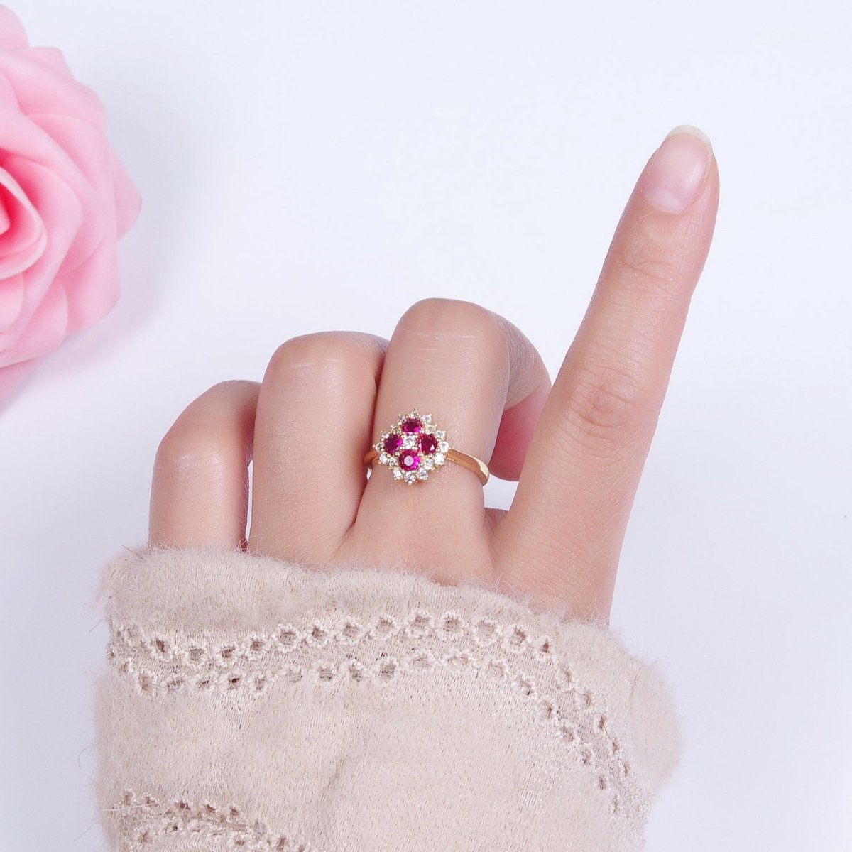 Micro Pave Four Fuchsia Cubic Zirconia Flower Adjustable Gold Ring S-221 - DLUXCA
