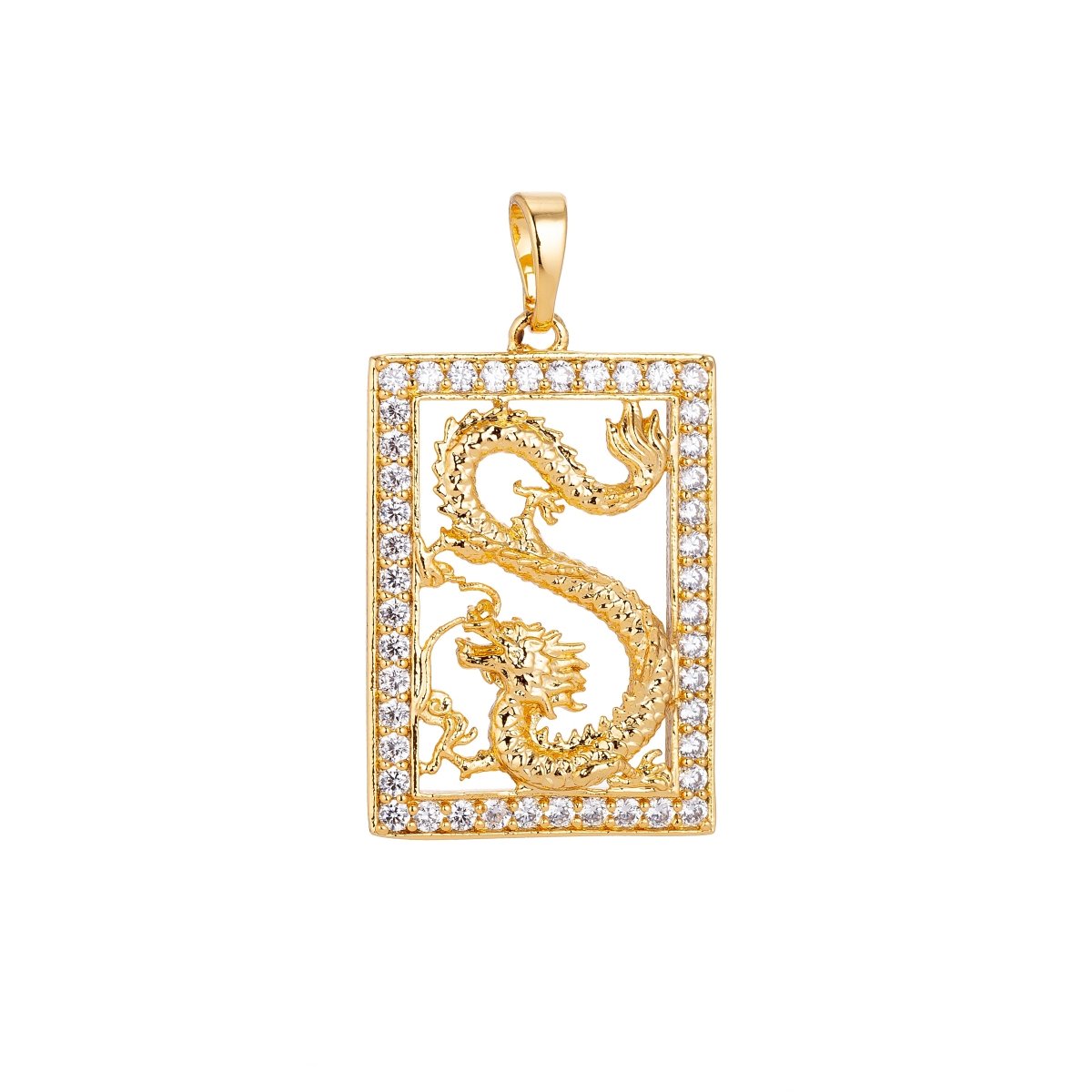 Micro Pave Gold Dragon Frame Majestic, Fairy Tale Mythical Creature tablet Necklace Pendant Charm for Jewelry Making H-633 - DLUXCA