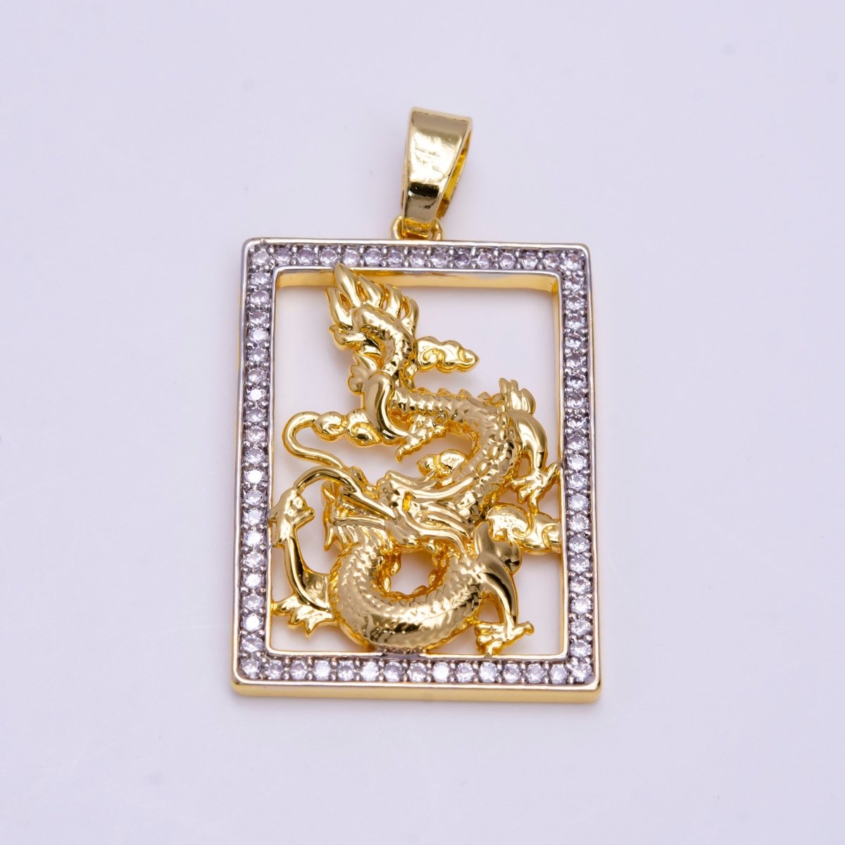 Micro Pave Gold Dragon Tablet Pendant Chinese Zodiac Charm Frame Necklace Pendant AA-754 - DLUXCA