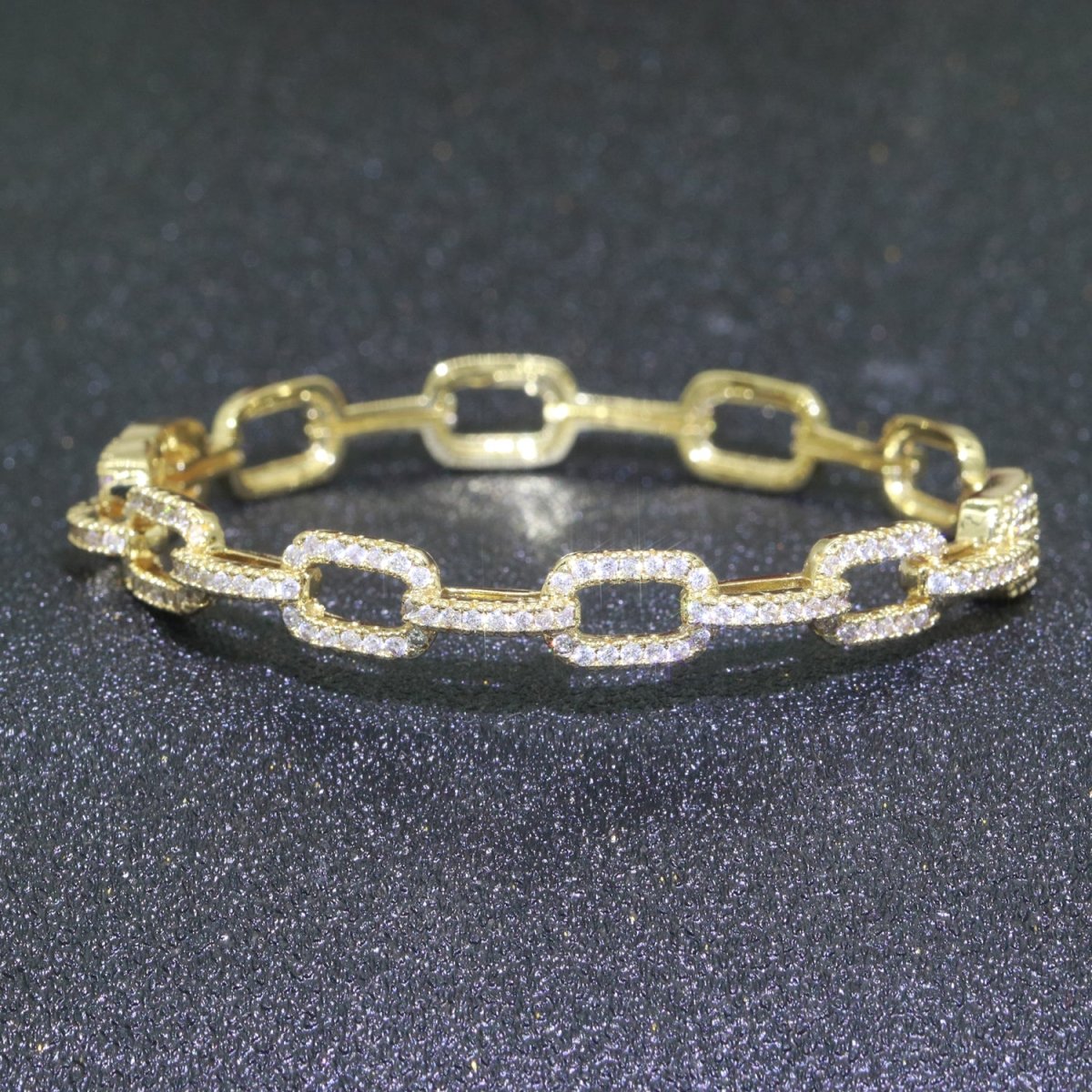 Micro Pave Gold Filled Link Chain Bangle Bracelet, Cubic Chunky Bracelet Designer Inspired Shiny Gold Cuff Bracelet | WA-062 Clearance Pricing - DLUXCA