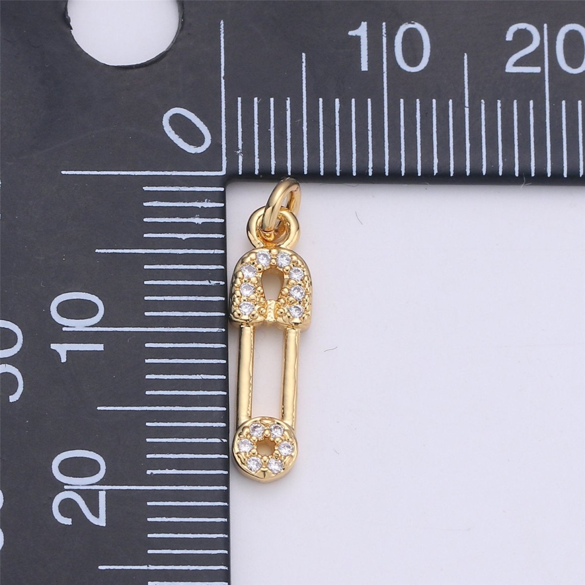 Micro Pave Gold Safety pin charm 1 piece, 20x5mm 14k gold plated brass, Nickel free, Cubic zirconia, Dainty charm C-922 - DLUXCA