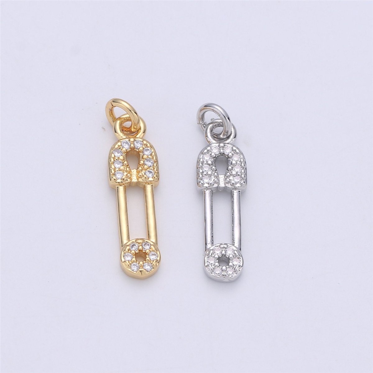 Micro Pave Gold Safety pin charm 1 piece, 20x5mm 14k gold plated brass, Nickel free, Cubic zirconia, Dainty charm C-922 - DLUXCA