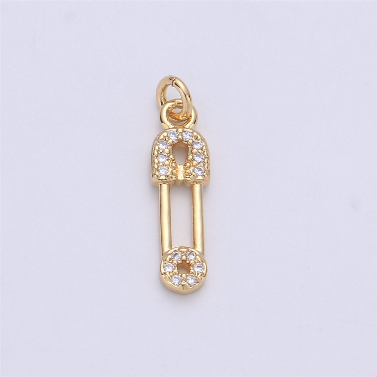 Micro Pave Gold Safety pin charm 1 piece, 20x5mm 14k gold plated brass, Nickel free, Cubic zirconia, Dainty charm C-922 - DLUXCA