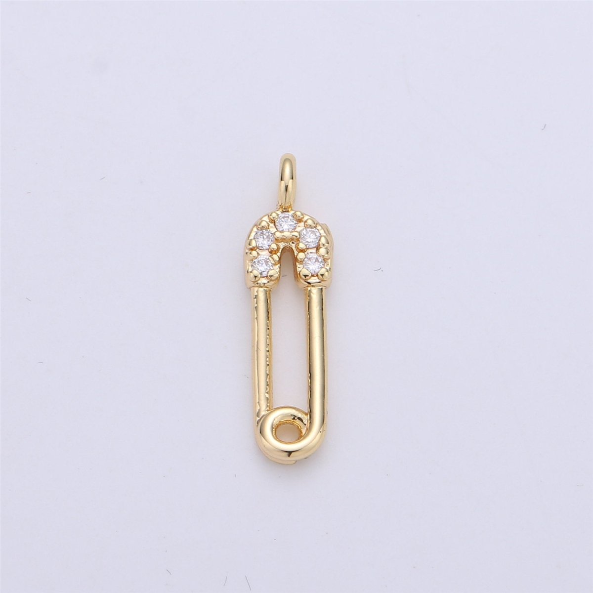 Micro Pave Gold Safety Pin Charms, Cubic Zirconia Charm for Necklace Bracelet Earring Charm, Pin, 16x4mm | C-664 - DLUXCA
