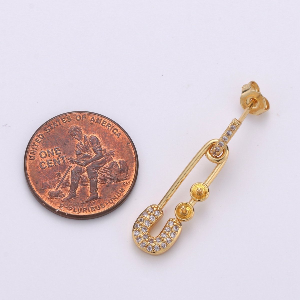 Micro Pave Gold Safety Pin Earrings Dainty Gold Stud dangle earring studs for Earring Supply Component to put beads / pearls, K-544 - DLUXCA