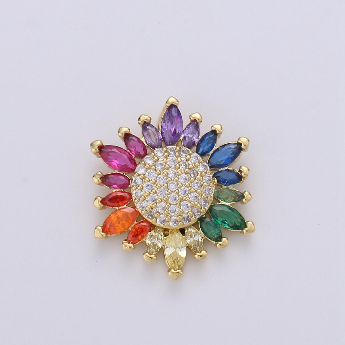 Micro Pave Gold Sunflower Charm Colorful Cubic Zirconia Necklace Pendant 14k Gold Filled Rainbow Sun Flower Charm for Jewelry Making D-386 - DLUXCA