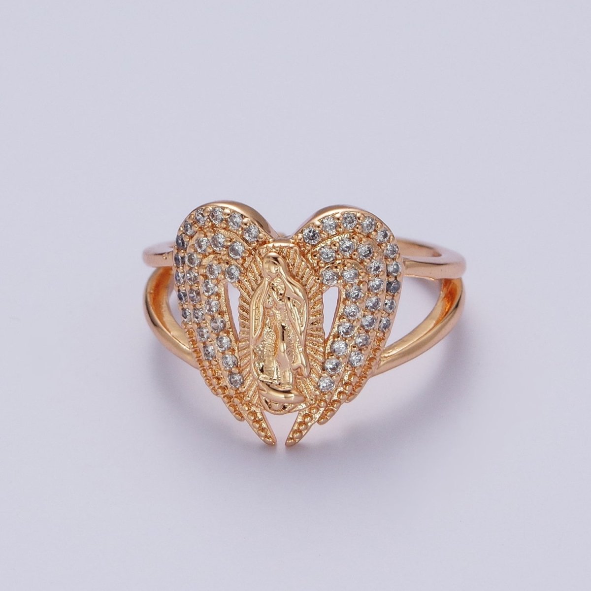 Micro Pave Gold Vintage Lady Guadalupe Ring with Angel Wing for Statement Religious Jewelry O-1989 - DLUXCA