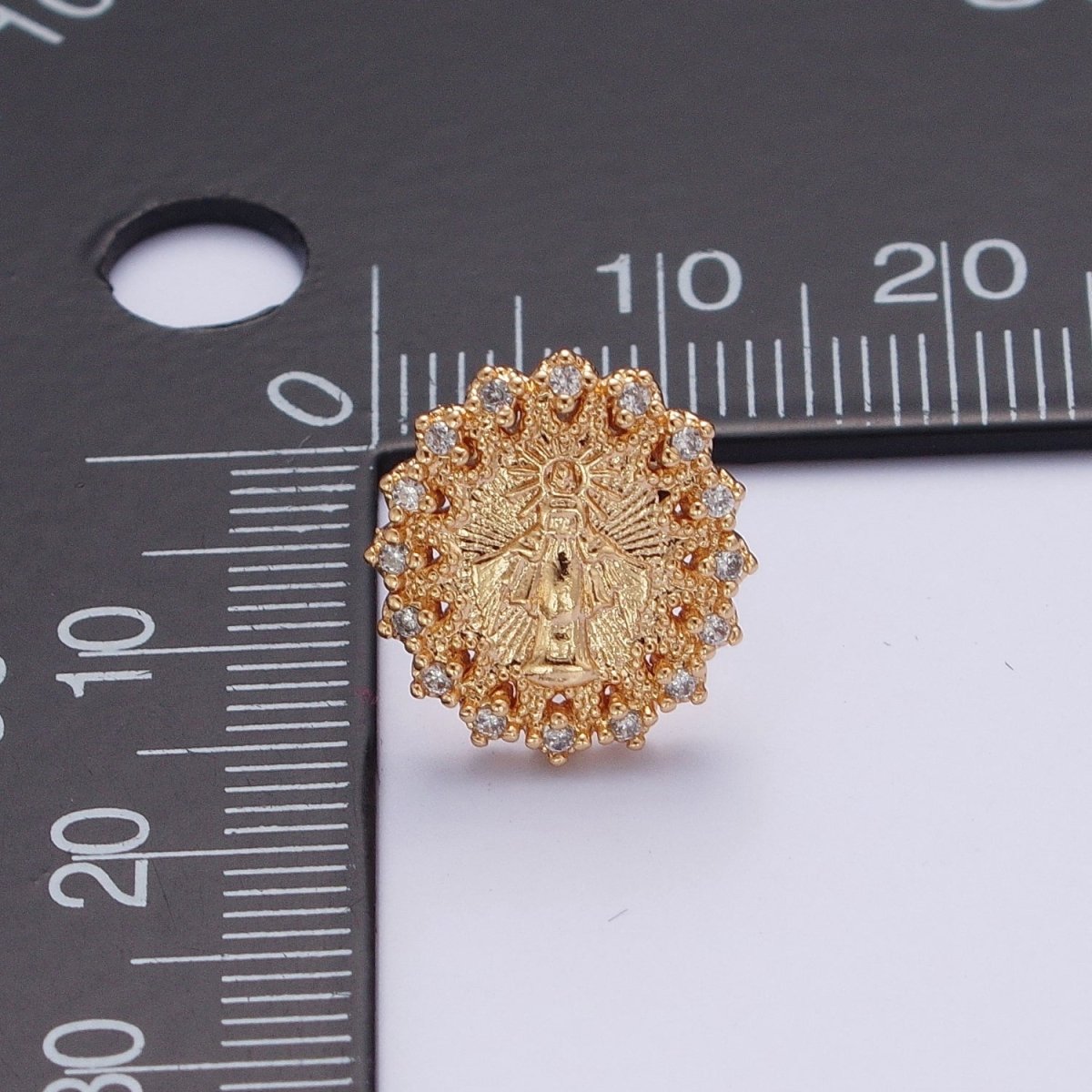 Micro Pave Gold Virgin Mary Stud Earring SUN Medallion Miraculous Lady Earring Catholic Religious Jewelry Gift AE-1044 - DLUXCA