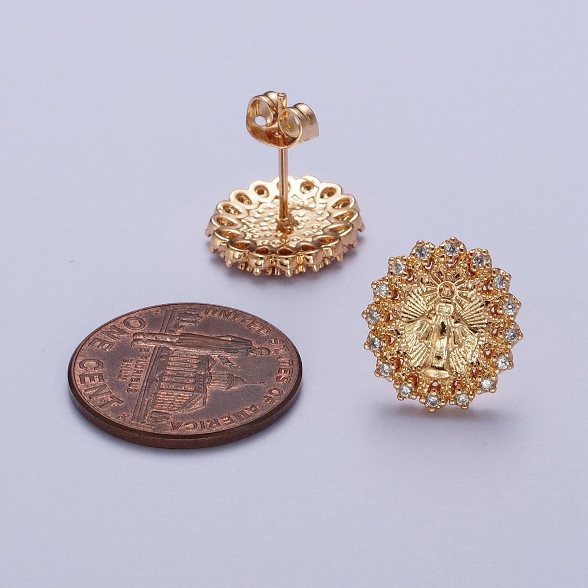 Micro Pave Gold Virgin Mary Stud Earring SUN Medallion Miraculous Lady Earring Catholic Religious Jewelry Gift AE-1044 - DLUXCA