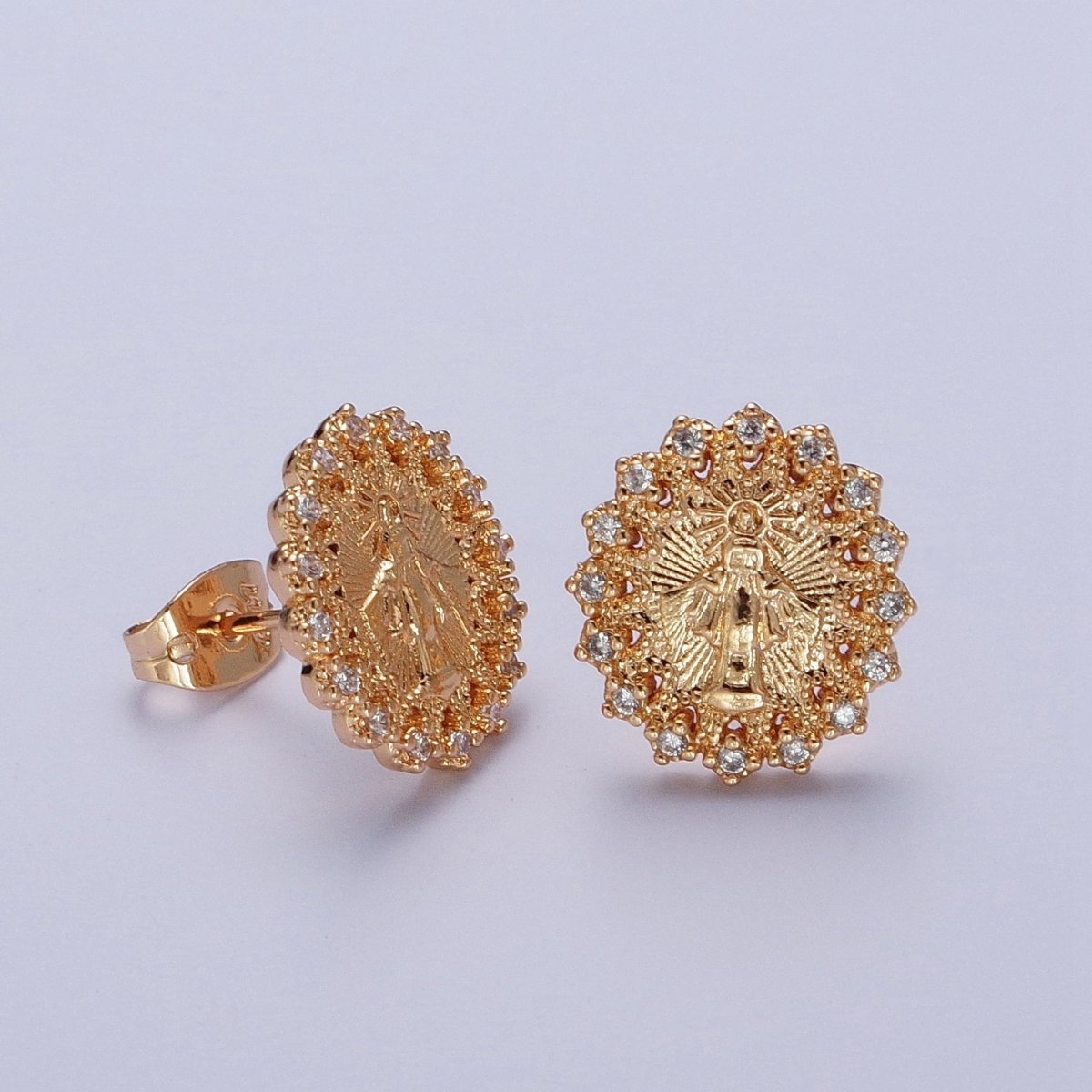 Micro Pave Gold Virgin Mary Stud Earring SUN Medallion Miraculous Lady Earring Catholic Religious Jewelry Gift AE-1044 - DLUXCA