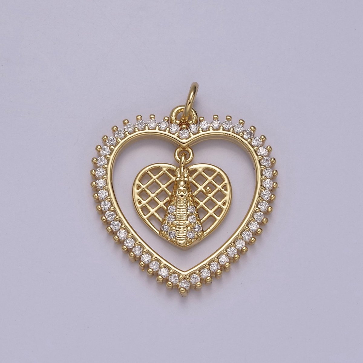 Micro Pave Heart Charm Dangle Dual CZ Heart in 14k Gold Filled N-918 - DLUXCA