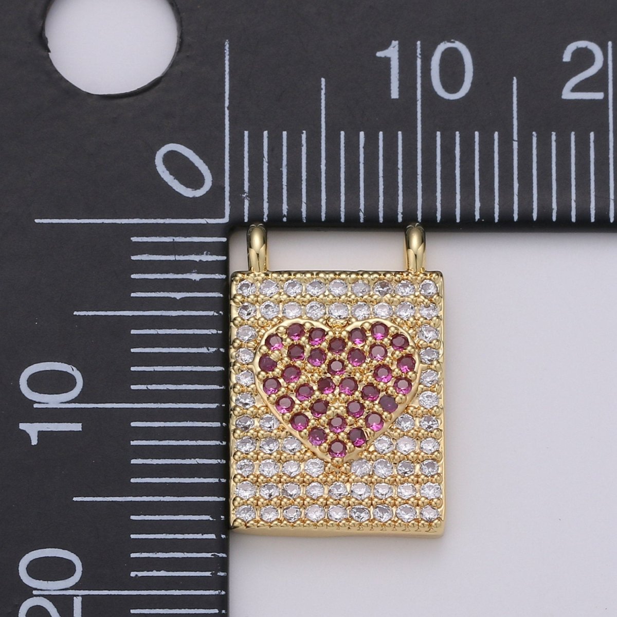 Micro Pave Heart Charm for Necklace Gold Heart Banner charm with double bail connector F-402 - DLUXCA
