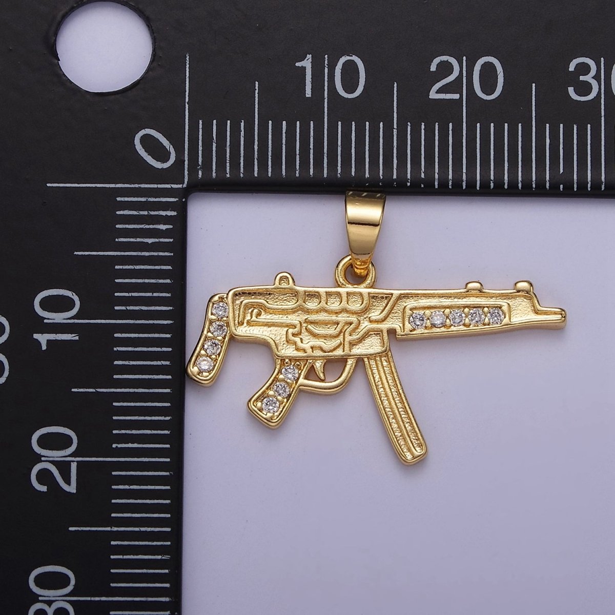 Micro Pave Machine Gun Shape Pendant 16K Gold Filled Gun Charm, Necklace Bracelet Charm Pendant 20.3x27.5mm J-445 - DLUXCA