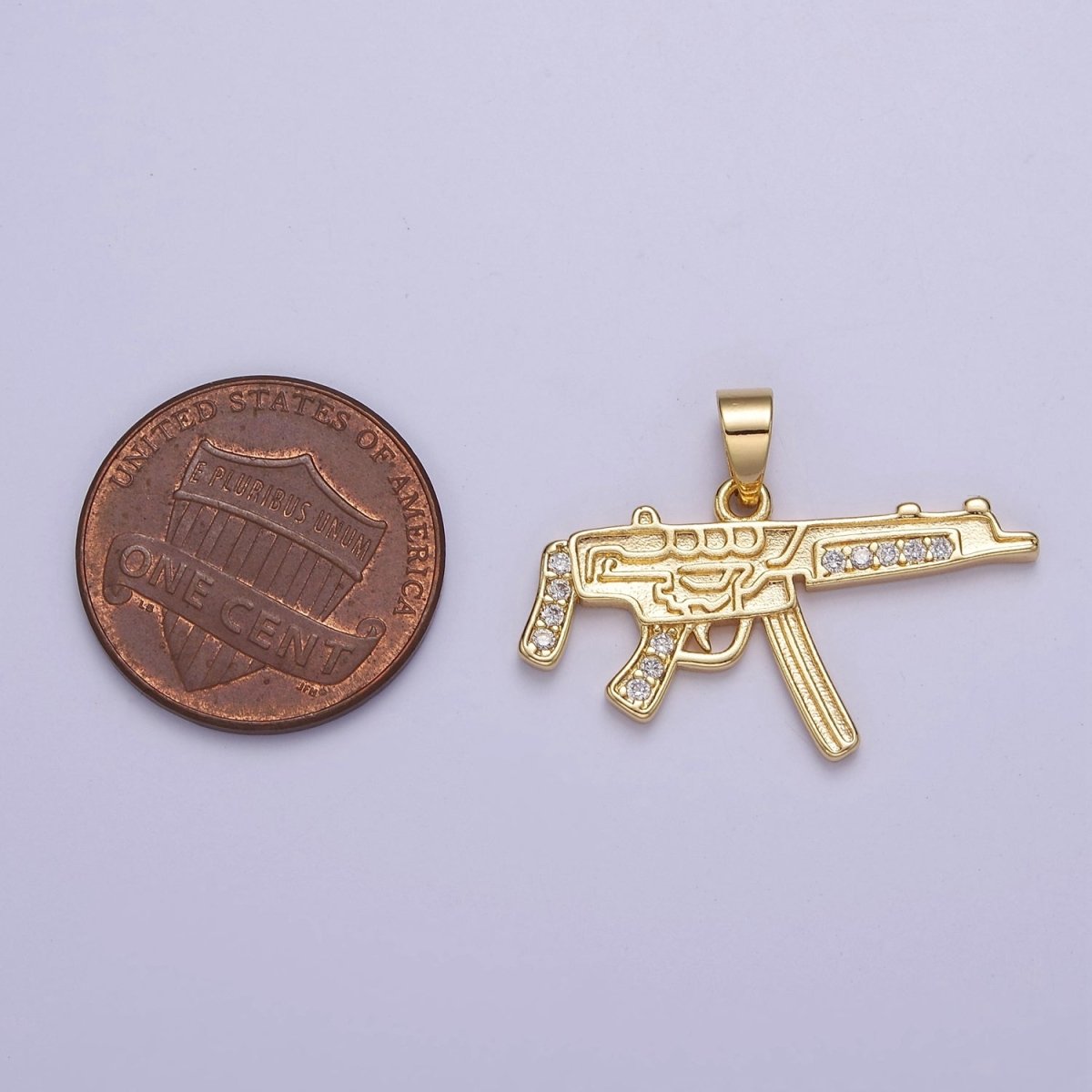 Micro Pave Machine Gun Shape Pendant 16K Gold Filled Gun Charm, Necklace Bracelet Charm Pendant 20.3x27.5mm J-445 - DLUXCA