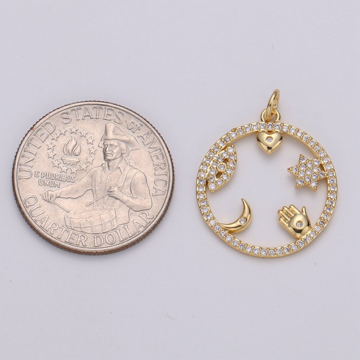Micro Pave Medallion lucky Charm ,Gold medallion, Cubic ucky charm,Medallion pendant,Heart, Moon, Star luck, Evil eye Cz medallion Charm D-444 D-445 - DLUXCA