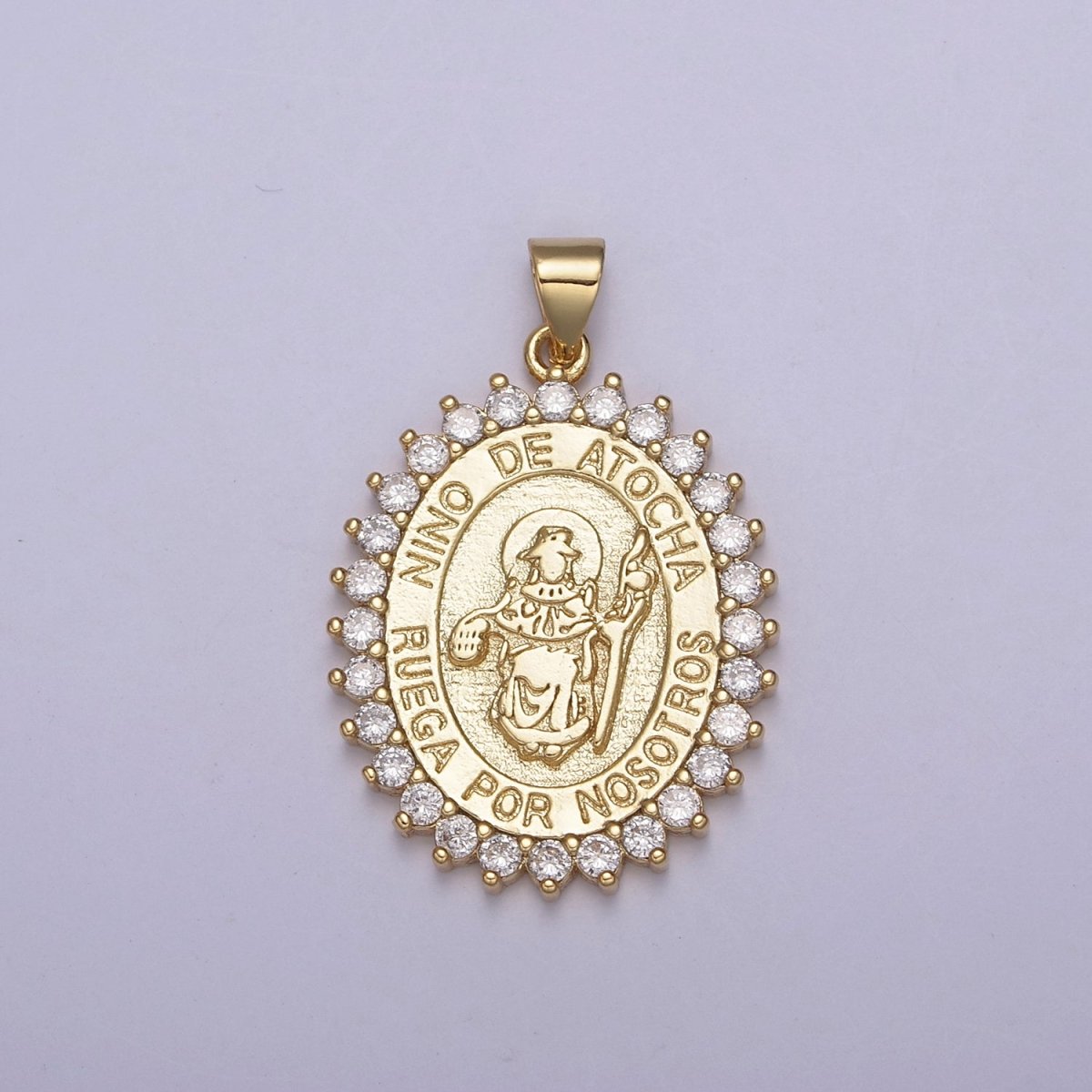 Micro Pave Nino De Atocha Religious Medal Oval Religious Medallion Pendant Santo Jewelry H-894 - DLUXCA