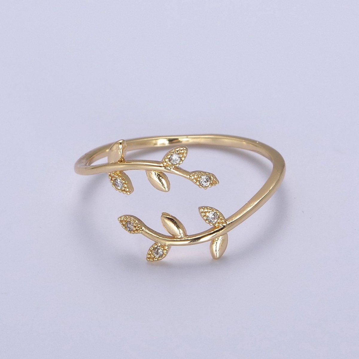 Micro Pave Olive Vine Leaf Adjustable Ring, Crystal Cubic Zirconia CZ Mother Nature Stacking Ring, Minimalist 16K Gold Filled Ring, Gift For Her Plant Mom U-436 - DLUXCA
