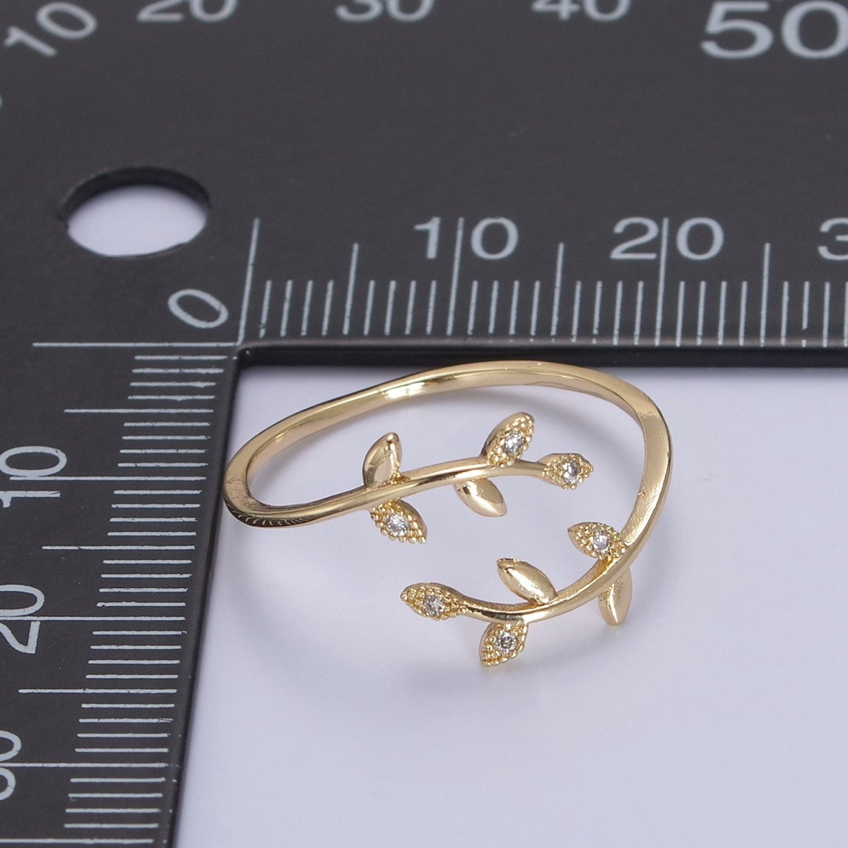 Micro Pave Olive Vine Leaf Adjustable Ring, Crystal Cubic Zirconia CZ Mother Nature Stacking Ring, Minimalist 16K Gold Filled Ring, Gift For Her Plant Mom U-436 - DLUXCA
