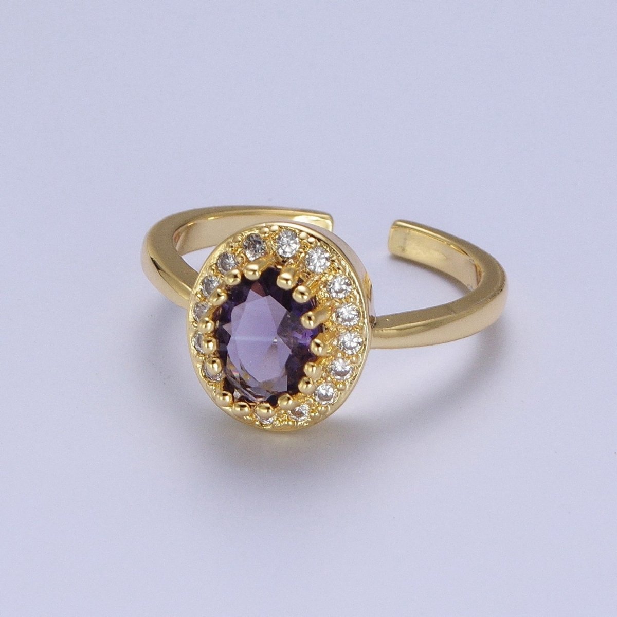 Micro Pave Oval Purple Amethyst Cubic Zirconia CZ Adjustable Gold Ring S-248 - DLUXCA