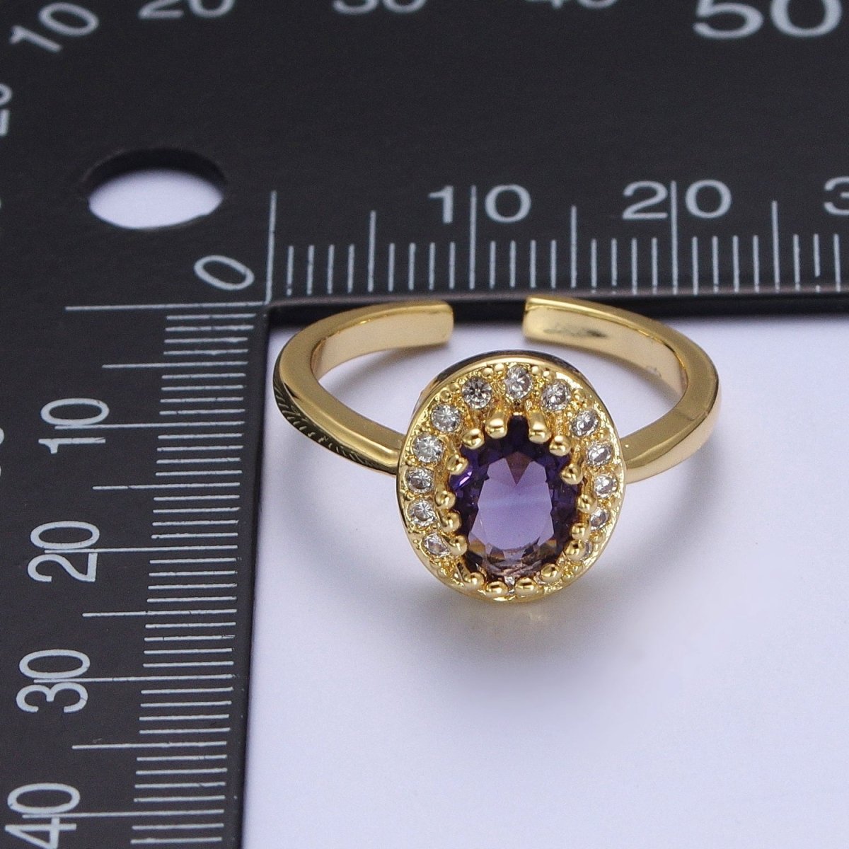 Micro Pave Oval Purple Amethyst Cubic Zirconia CZ Adjustable Gold Ring S-248 - DLUXCA