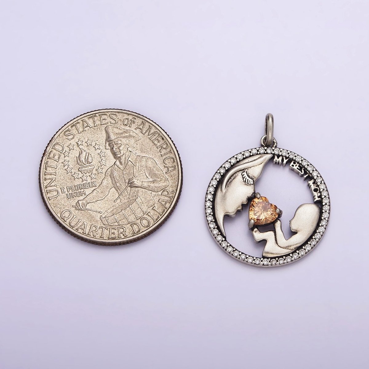 Micro Pave Pendant Sterling Silver S925 Mon and Son Daughters Coin Charm for Mom to Be Mother Day | SL-315 - DLUXCA