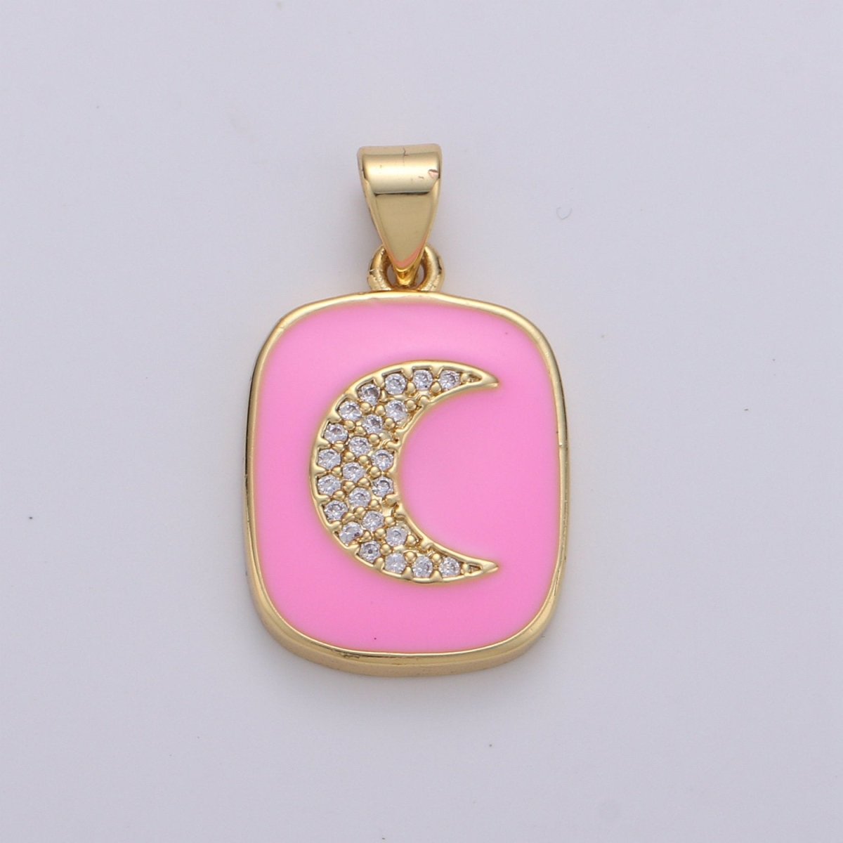 Micro Pave Pink Enamel Moon Charm Pendant, Enamel Crescent moon Pendant, 14K gold Filled Celestial Charm Pastel Pendant Necklace Bracelet J-044,J-045 - DLUXCA