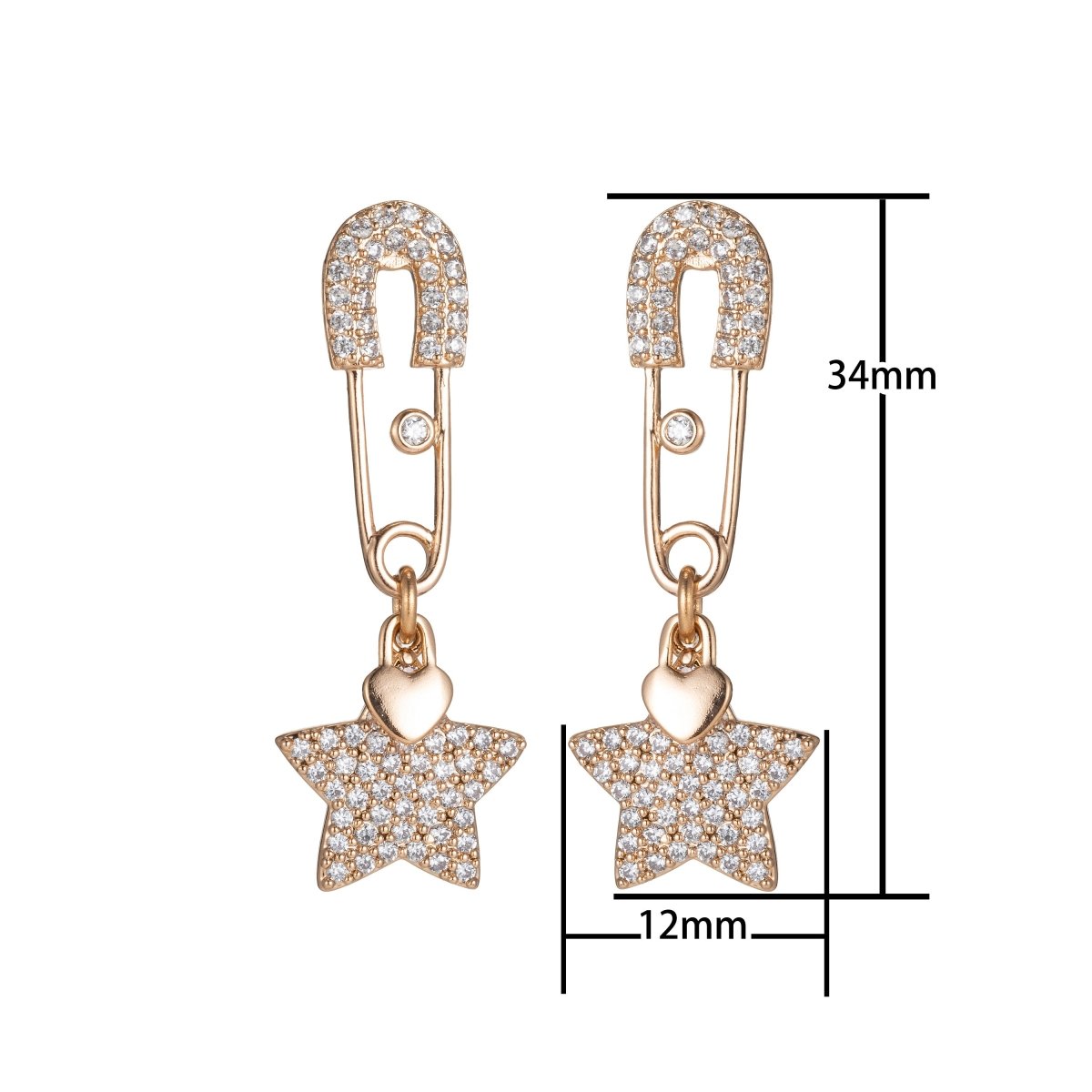 Micro Pave Safety pin Earring Gold Dangel earring with Star charm in 18k gold filled for everyday wear earring Q-011 - DLUXCA