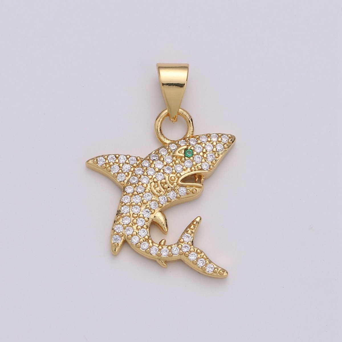 Micro Pave Shark 24K Gold Filled Charms, Gold Filled Fish Charm, Gold Baby Shark Under the sea Jewelry Inspired I-800 - DLUXCA