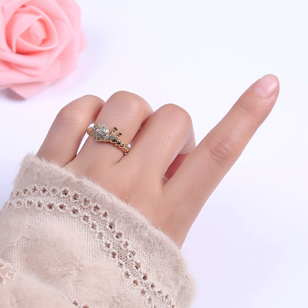 Micro Pave Snail Ring, Heart Textured Gold Adjustable Band Ring, 24K Gold Filled Nature Ocean Wildlife Under The Sea Ring U-441 - DLUXCA