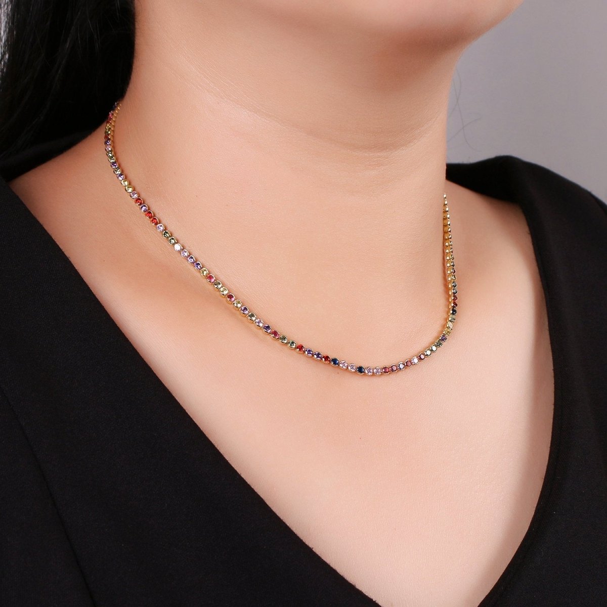 Micro Pave Tennis Chain / 14k Gold Filled / Micro Pave Choker Chain / Tennis Chain Choker Necklace Multi Color Rainbow CZ Chain | CN-779, CN-896 Clearance Pricing - DLUXCA
