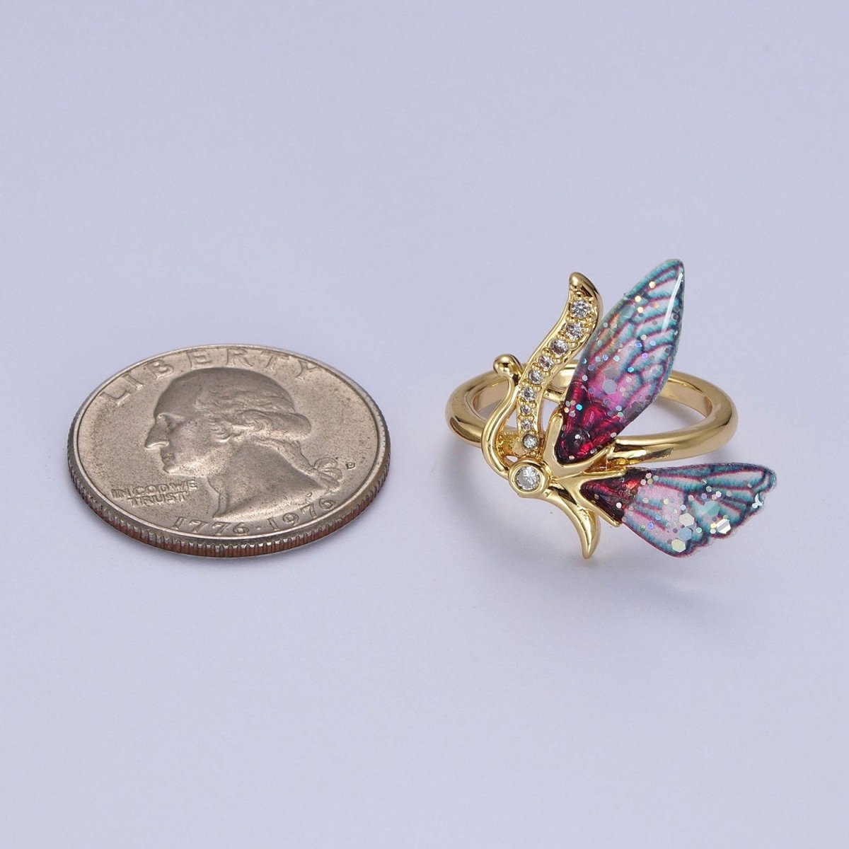 Micro Paved Antenna Butterfly Fairy Fuchsia, Blue Wings Adjustable Ring | Y-398 Y-399 - DLUXCA