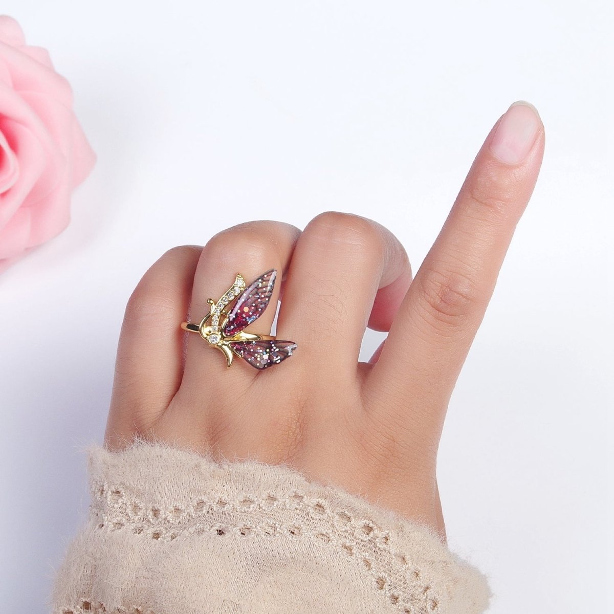 Micro Paved Antenna Butterfly Fairy Fuchsia, Blue Wings Adjustable Ring | Y-398 Y-399 - DLUXCA