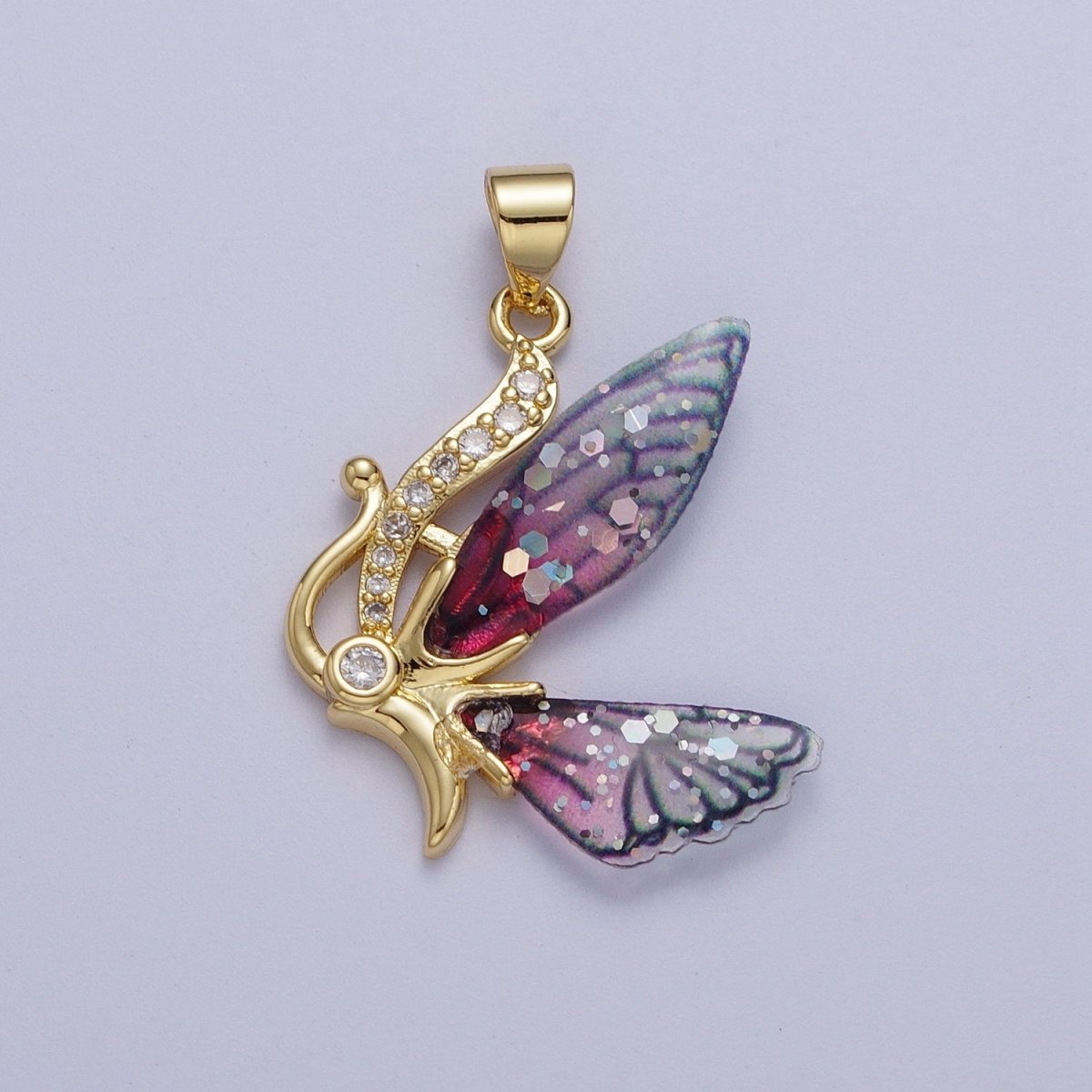 Micro Paved Antenna Butterfly Fairy Fuchsia, Blue Wings Pendant H-063 H-640 - DLUXCA