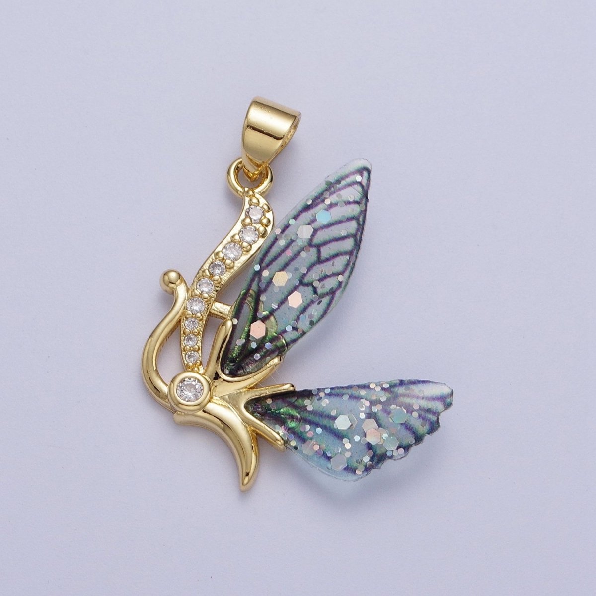 Micro Paved Antenna Butterfly Fairy Fuchsia, Blue Wings Pendant H-063 H-640 - DLUXCA
