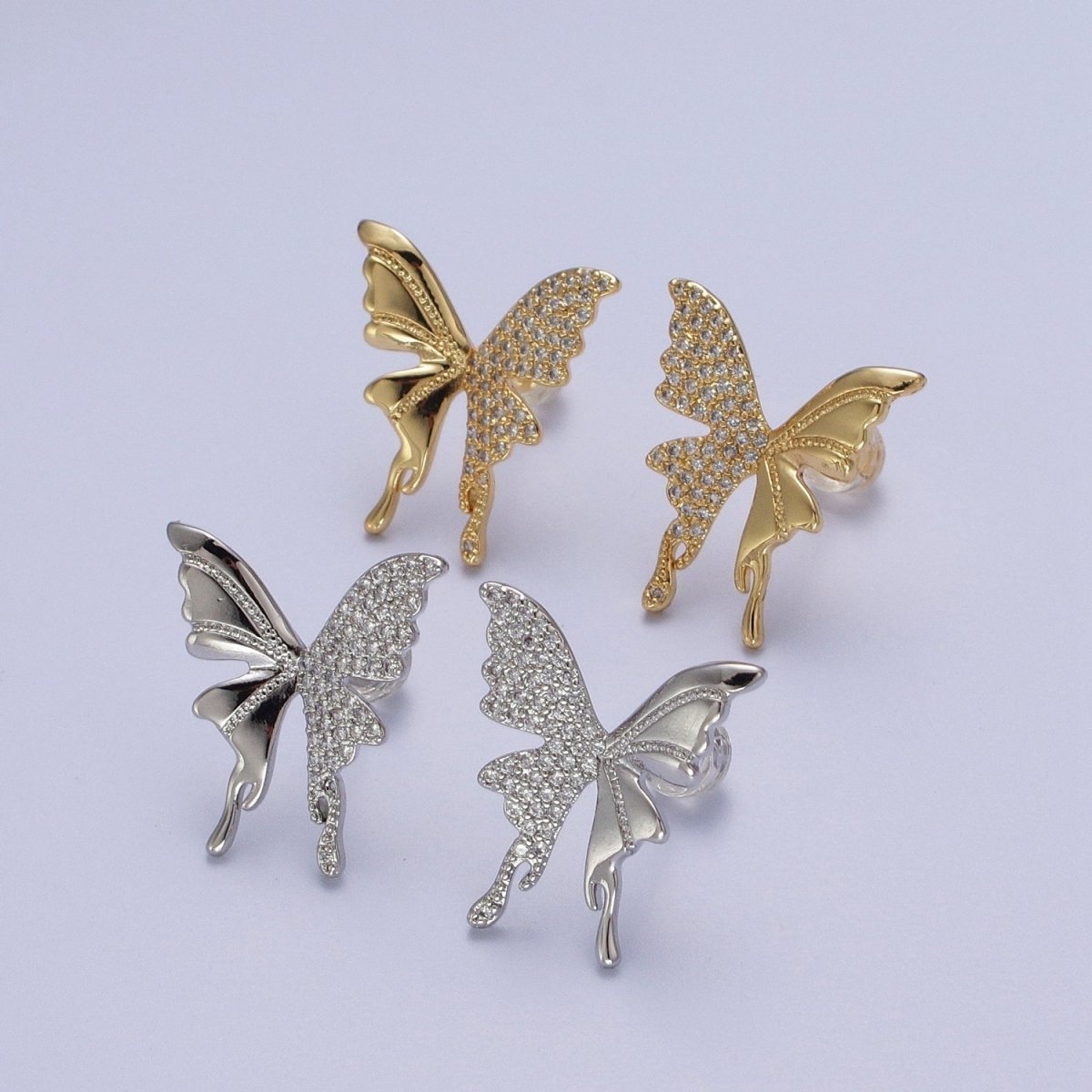 Micro Paved Butterfly Wings Gold, Silver Stud Earrings | Y-197 Y-198 - DLUXCA