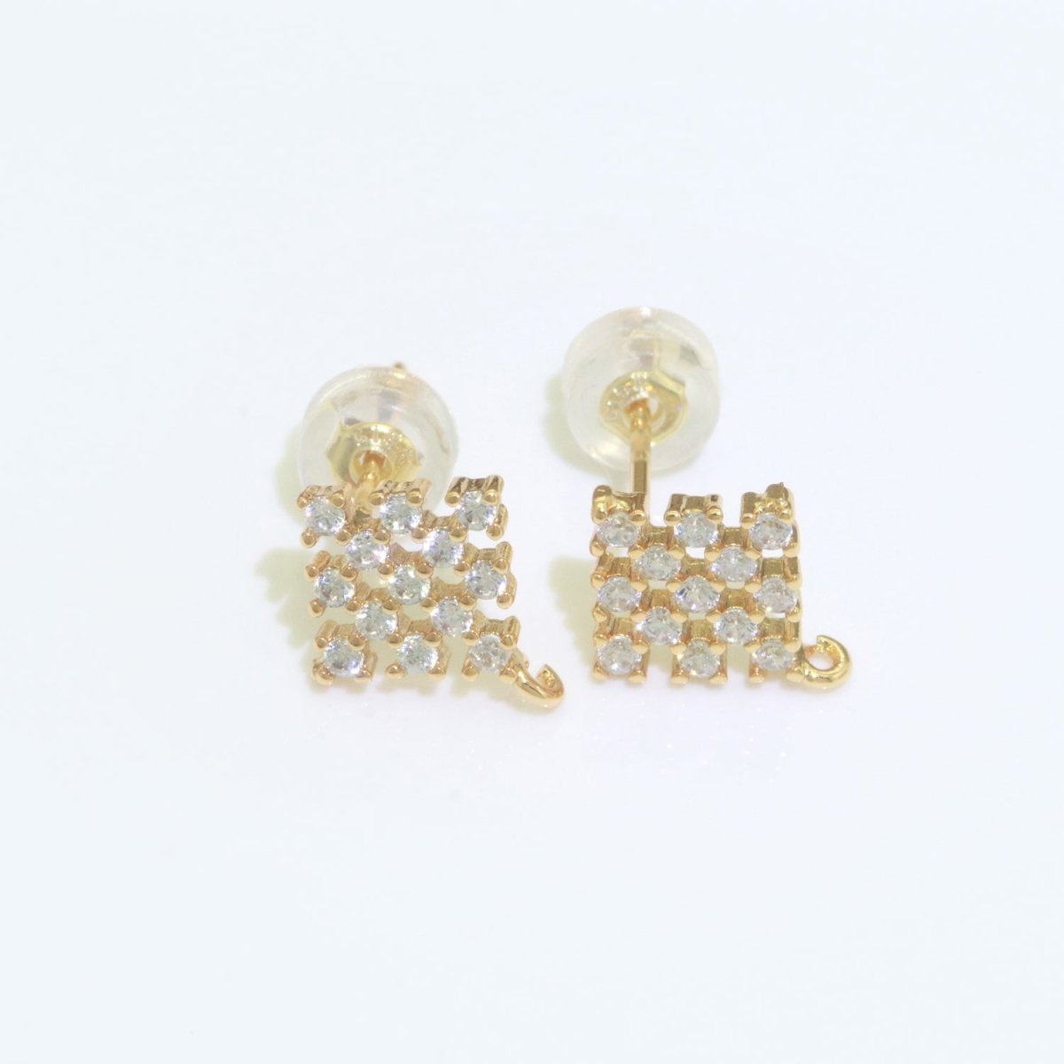 Micro Paved Clear Cubic Zirconia Checkered Rhombus Gold Studs Open Loop Drop Earrings Supply L-490 - DLUXCA