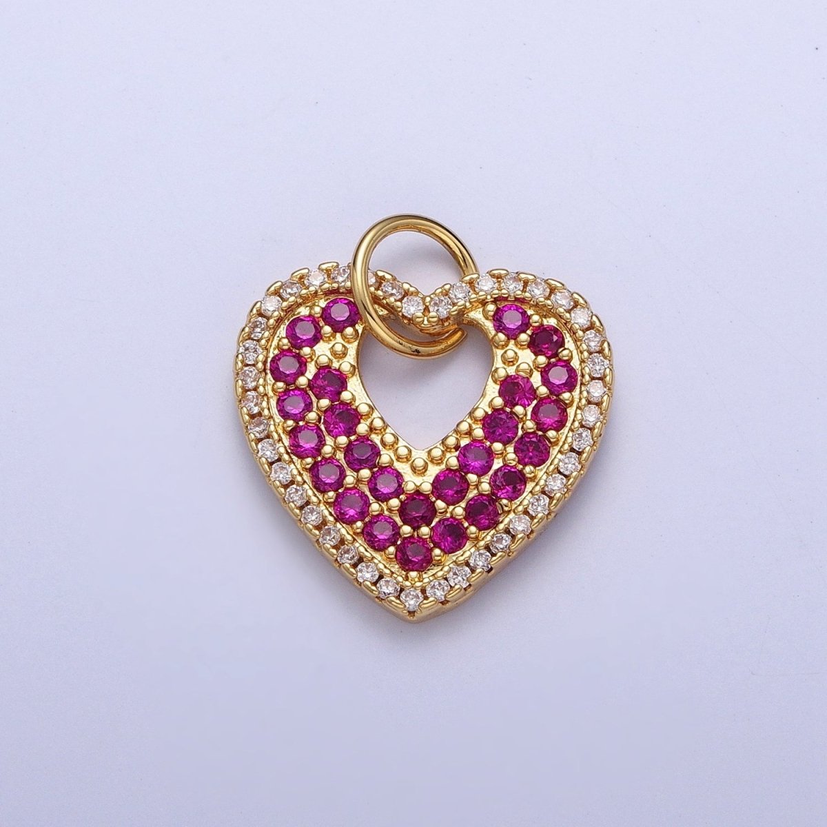 Micro Paved Clear Fuchsia Love Gold Heart Open Charm For Valentine Jewelry Component | C-769 - DLUXCA