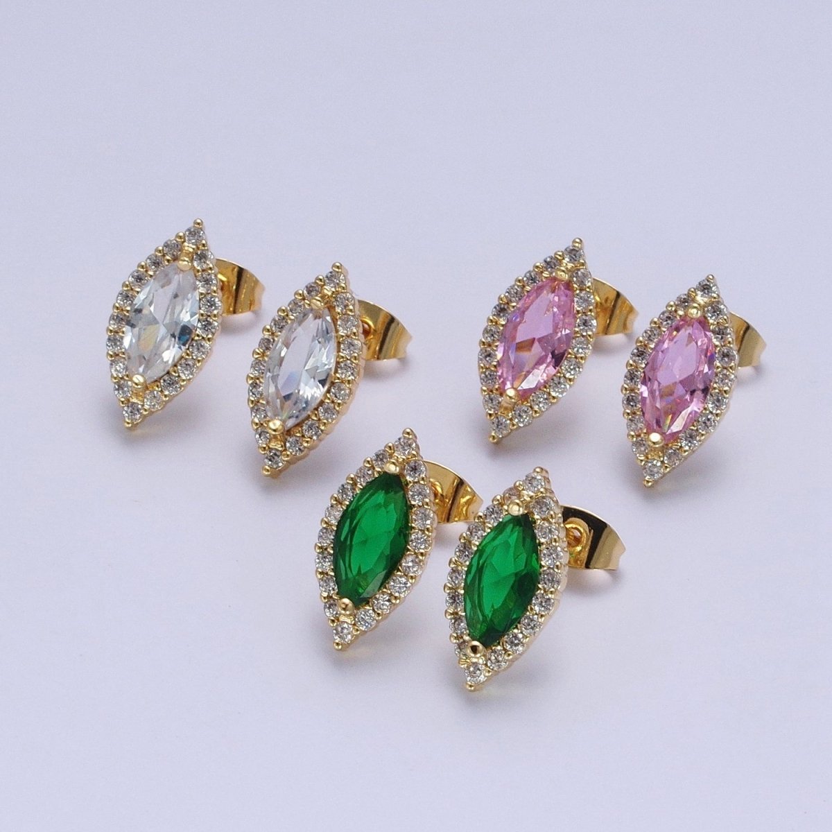 Micro Paved Clear Pink Green Marquise Cubic Zirconia Stud Earrings | X-904-X-906 - DLUXCA
